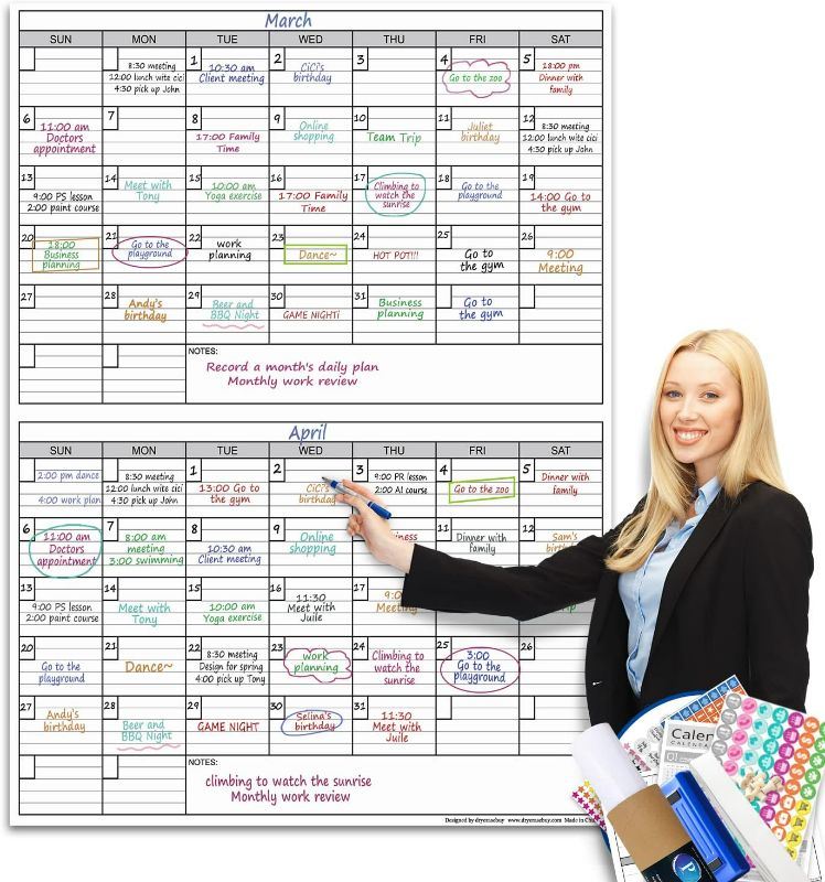 Photo 1 of Dry Erase Two Month Laminated jumbo Wall Calendar, 38" x 50", Huge bimonthly Vertical Laminated Erasable White Board, Giant