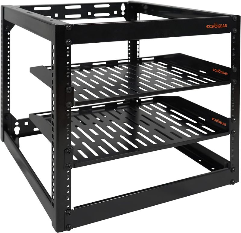 Photo 1 of ECHOGEAR 10U Network Rack - Wall Mountable Heavy Duty 4 Post Design Holds All Your Networking & AV Gear - Open Frame Design Includes 2 1U Vented Shelves & Mounting Hardware