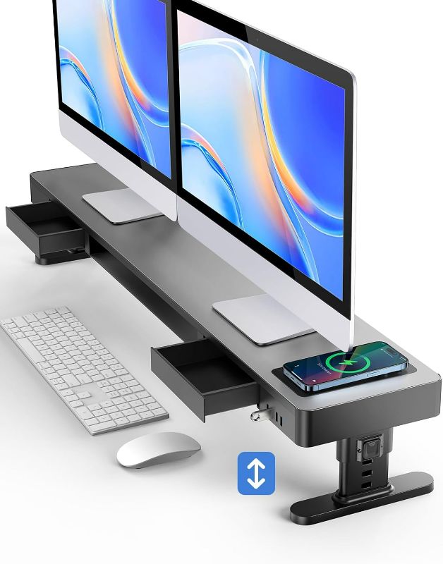 Photo 1 of meatanty Dual Monitor Stand with 4 Adjustable Heights, Auto Phone Charging Pad, 4 USB Ports, Computer Riser with Drawers Storage, Metal Double Desk Organizer Lifter Raiser for 2 Monitors Screen Gift