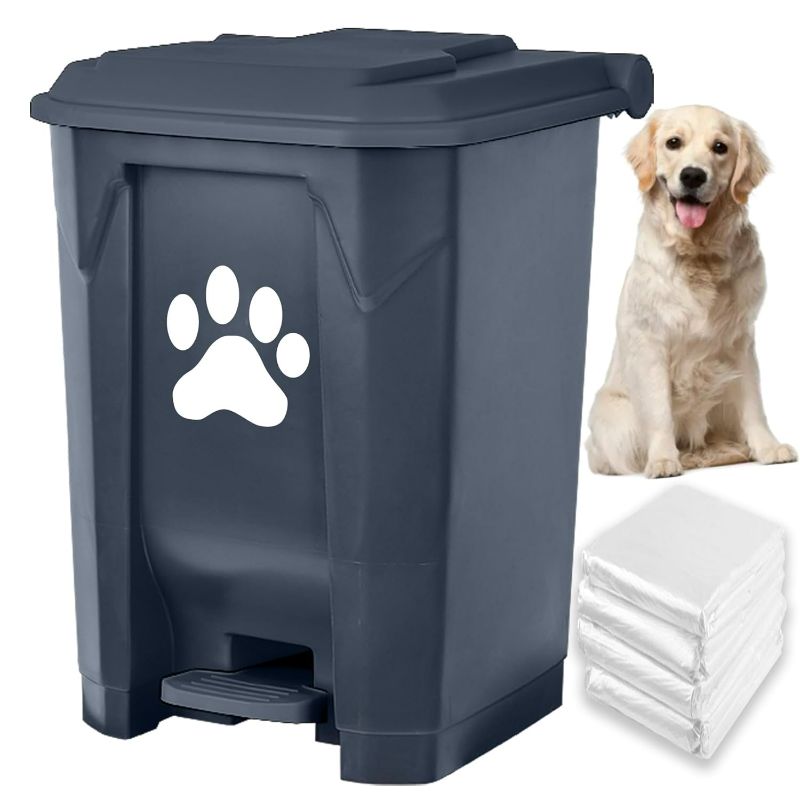 Photo 1 of Dog Poop Trash Can Outdoors Pet Waste Station with Lid Dog Waste Disposal Container with Removable Inner Bin Bucket Hands-Free Pedal Garden Yard Home with Waste Bags, 15 L/4Gal Grey