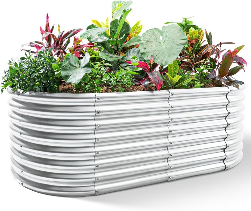 Photo 1 of Land Guard 6×3×2ft Galvanized Raised Garden Bed Kit, Galvanized Planter Raised Garden Boxes Outdoor, Oval Large Metal Raised Garden Beds for Vegetables…