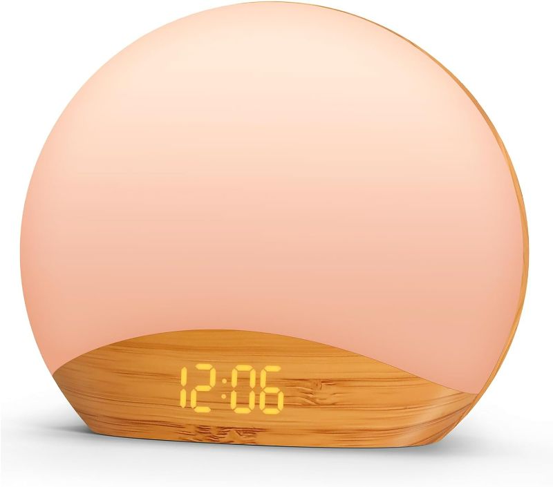 Photo 1 of REACHER Wood Grain Sunrise Alarm Clock and Sound Machine Nightlight, Digital Dimmable Clock for Bedroom, 26 Sleep Sounds, White Noise Machine for Baby, Adults, Wake Up Light Alarm Clock for Kids