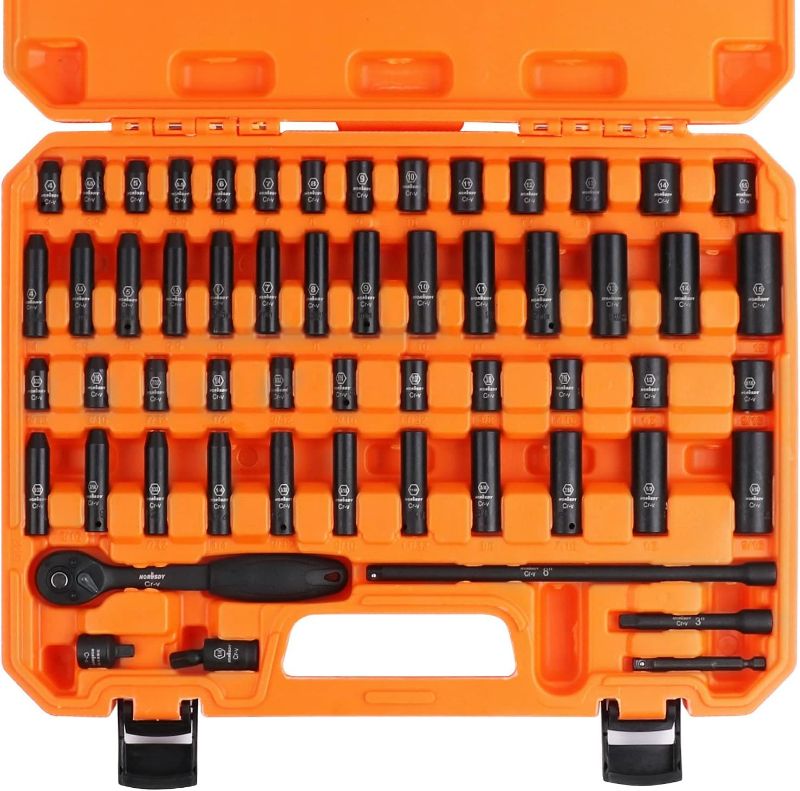 Photo 1 of HORUSDY 1/4" Drive Impact Socket Set, 56-Piece Standard SAE (5/32 to 9/16 inch) and Metric (4-15mm) Size, 6 Point, Cr-V, 1/4-Inch Drive Ratchet Handle, Drive Extension Bar, Impact Universal Joint