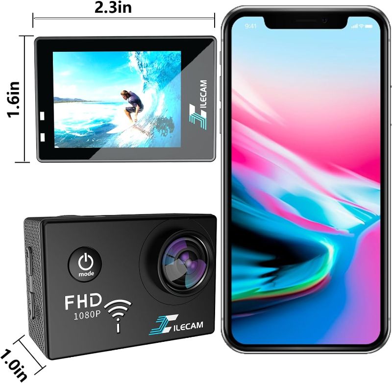 Photo 2 of Action Camera 1080P WiFi Sports Camera 4xZoom Action Camera 40m/131ft Underwater Waterproof with 2 X1050 mAh Batteries and Multi-Function Accessory (X2Pro)