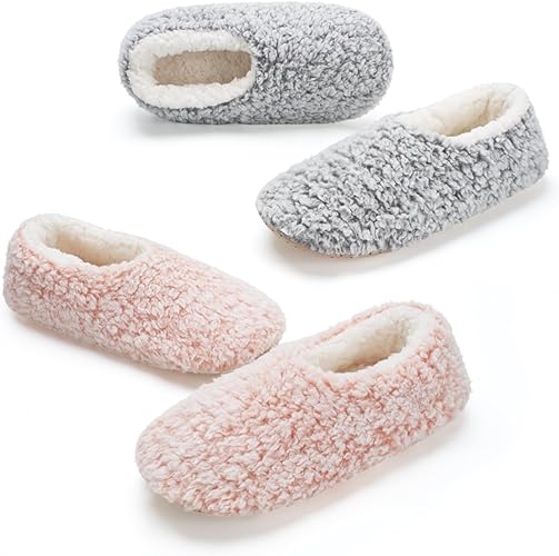 Photo 1 of 2-PK  S9-10 Soft Furry House Slippers for Women Indoor, Warm Sherpa Ballerina Anti-skid Soles, Winter Bedroom Fuzzy Slip-on Sock Shoes, Cozy Christmas Gifts