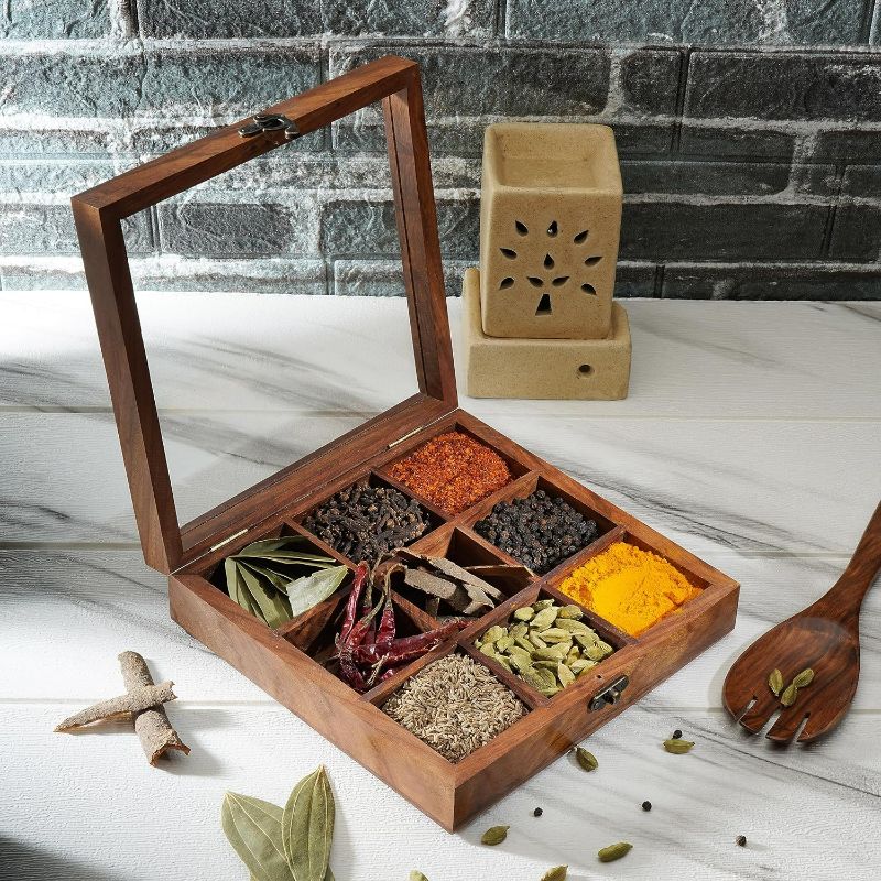 Photo 1 of Ajuny Wooden Spice Box 8x8 Inch - Decorative Masala Dabba Organizer with Glass Lid, 9 Fixed Compartments & Spoon, Spice Storage Container, Ideal for Seasonings & Herbs, Perfect for Gift