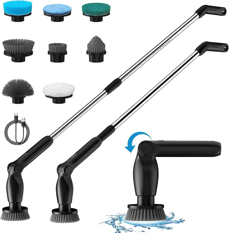 Photo 1 of Leebein Electric Spin Scrubber, Cordless Cleaning Brush with 8 Replaceable Brush Heads, Adjustable Extension Handle, 2 Speeds & Remote Control, Power Scrubber for Cleaning Bathroom, Shower, Tub, Floor