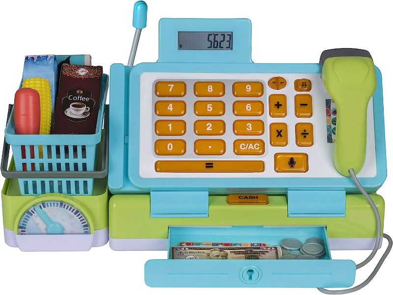 Photo 1 of Playkidz Interactive Toy Cash Register for Kids - Sounds & Early Learning Play Includes Play Money Handheld Real Scanner Working Scale & Calculator, Live Microphone Food Boxes Plastic Fruit & Basket