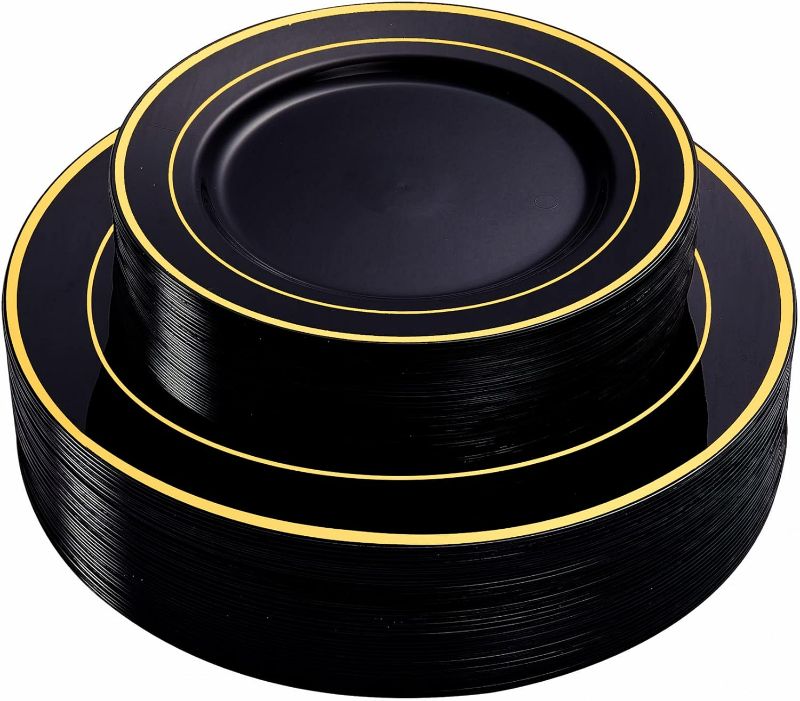 Photo 1 of N9R 72 Pack Black Plastic Plates with Gold Rim, Disposable Plates include 36pcs Dinner Plates 10.25”, 36pcs Disposable Dessert/Salad Plates 7.5”, Perfect for Party Wedding Birthday Party