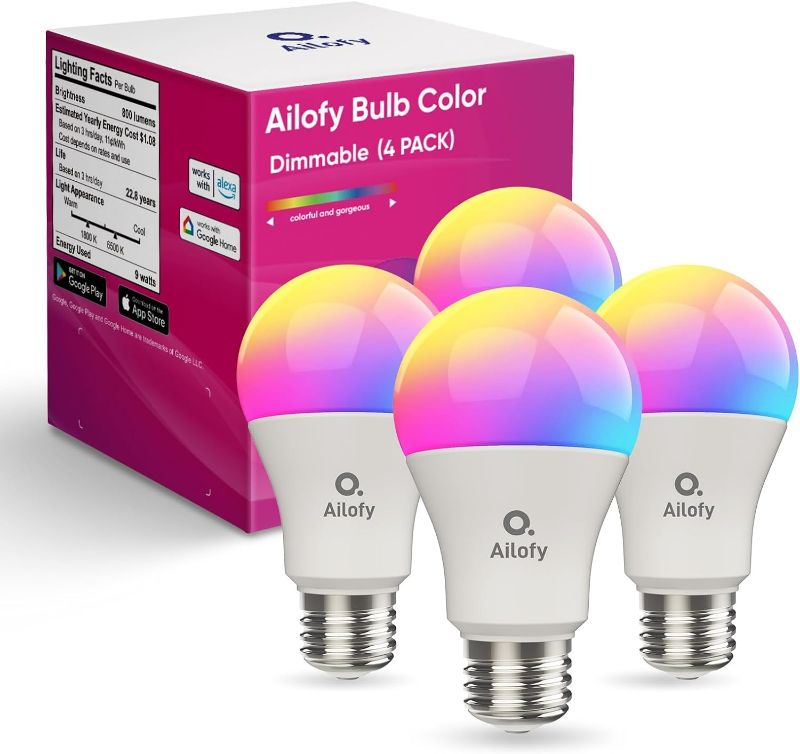 Photo 1 of LED Smart Light Bulbs, 16M Color Changing Dimmable, Works with Alexa & Google Assistant, RGBCW Colored Bulb, WiFi Light Bulbs, A19 E26, 9W 800LM, 1800K-6500K Tunable White, 4 Pack
