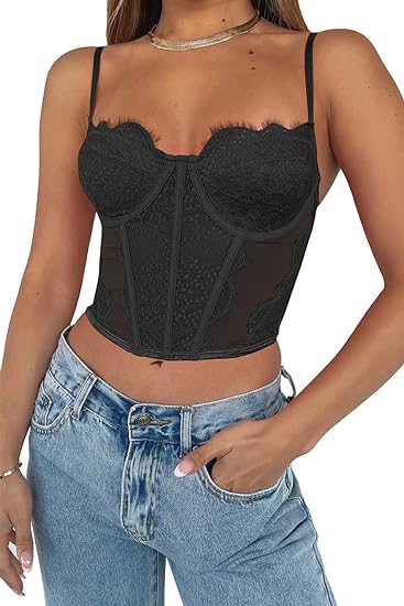 Photo 1 of Size S Dealmore Womens Sexy Lace Spaghetti Strap Corset Crop Top Y2K Summer Mesh Vintage Boned Corset Party Bustier Cami Tops
