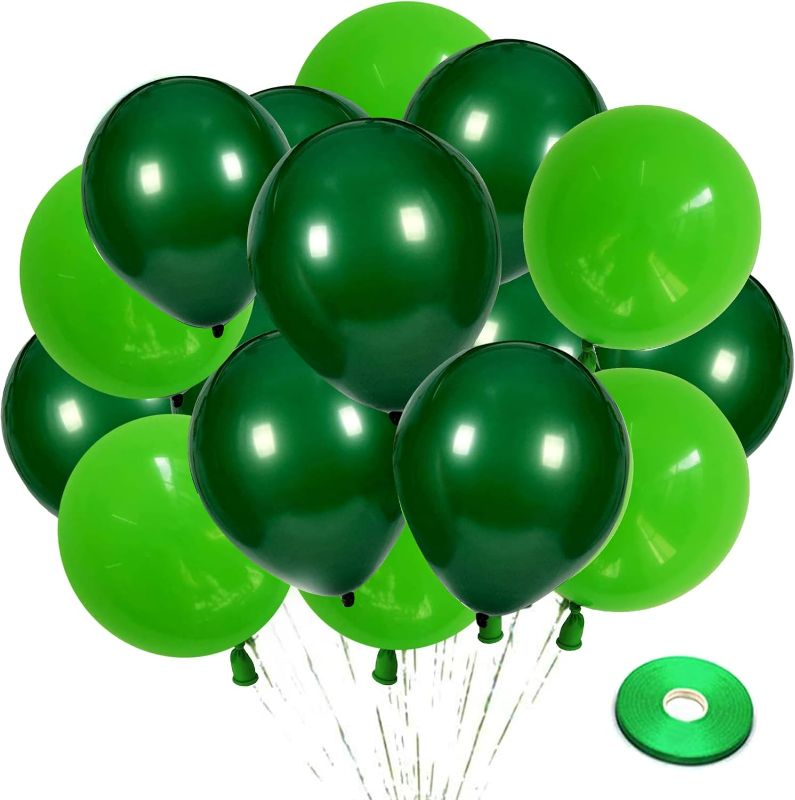 Photo 1 of Zesliwy Green Latex Party Balloons, 100pcs 12 inch Dark Green Balloons And Light Green Balloons with Green Ribbon for Jungle Safari Theme Birthday Party Baby Shower St. Patrick's Day Party