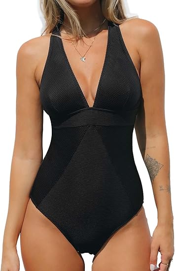 Photo 1 of Size 3X CUPSHE Women's One Piece Swimsuit V Neck Bathing Suit Tummy Control Cross Back Swimwear Ribbed