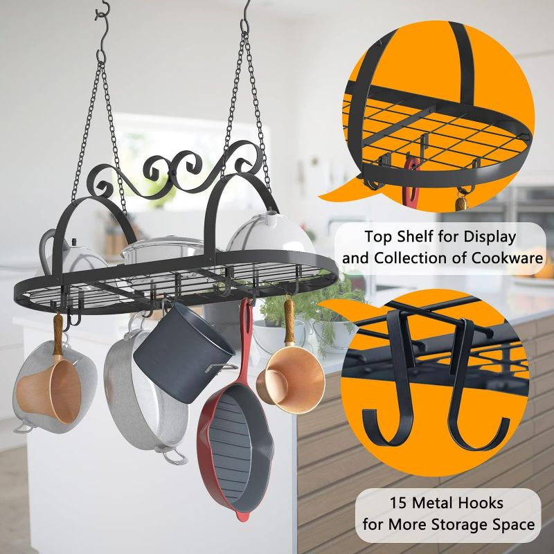 Photo 1 of 33" Pots and Pans Hanging Rack, Oval Ceiling Pot Rack with Grid, Heavy-duty Metal Pan Rack Hanging Organizer with Hooks, Hanging Pot Rack Ceiling Mount for Kitchen Cookware Utensils Toiletries