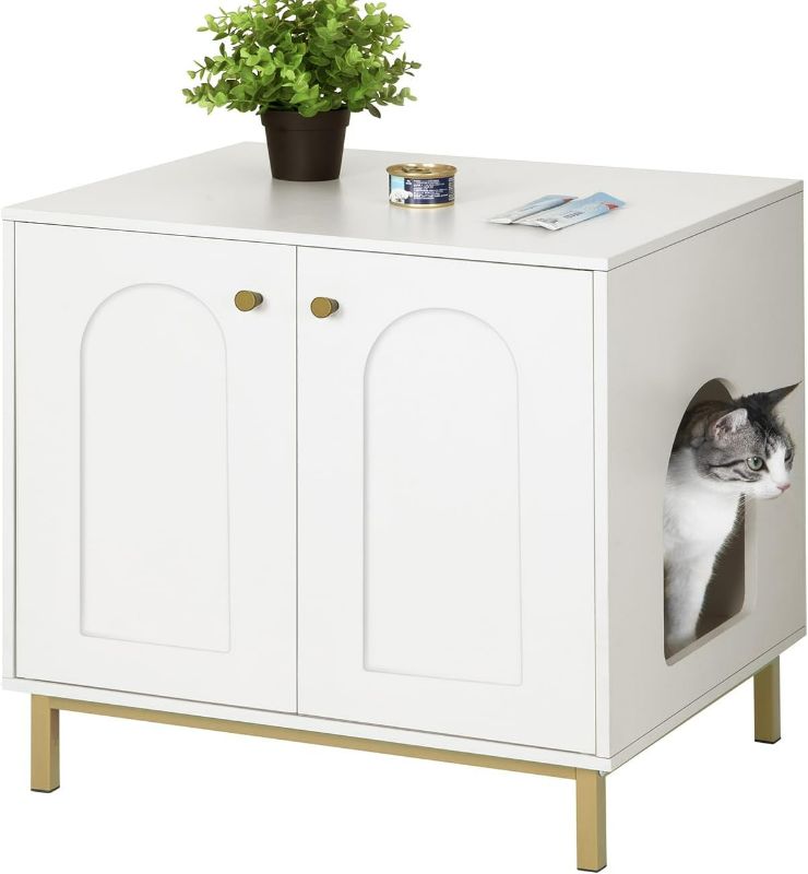 Photo 1 of Cat Litter Box Enclosure, Hidden Litter Box Furniture, Wooden Pet House Side End Table, Storage Cabinet Bench, Fit Most Cat and Litter Box, Living Room, Bedroom, White and Gold CB81203G