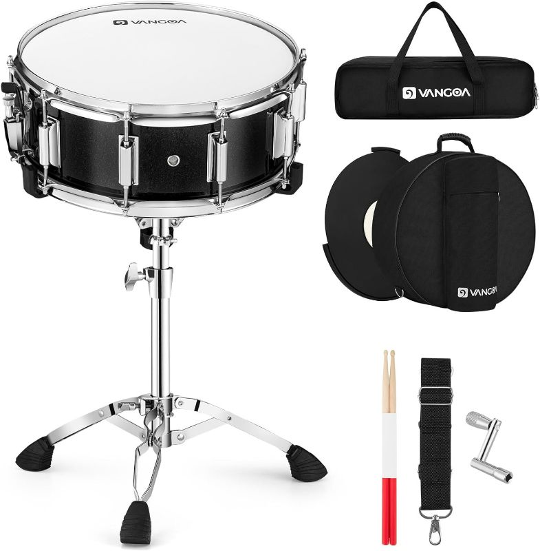 Photo 1 of Vangoa Snare Drum Set for Kids Students Beginners Kit, 14 Inch, 10 Lugs, Wooden Shell with Case, Gig Bag, Practice Pad, Drum Stand, Sticks, Tuning Key, Strap, Mute Pad, Black