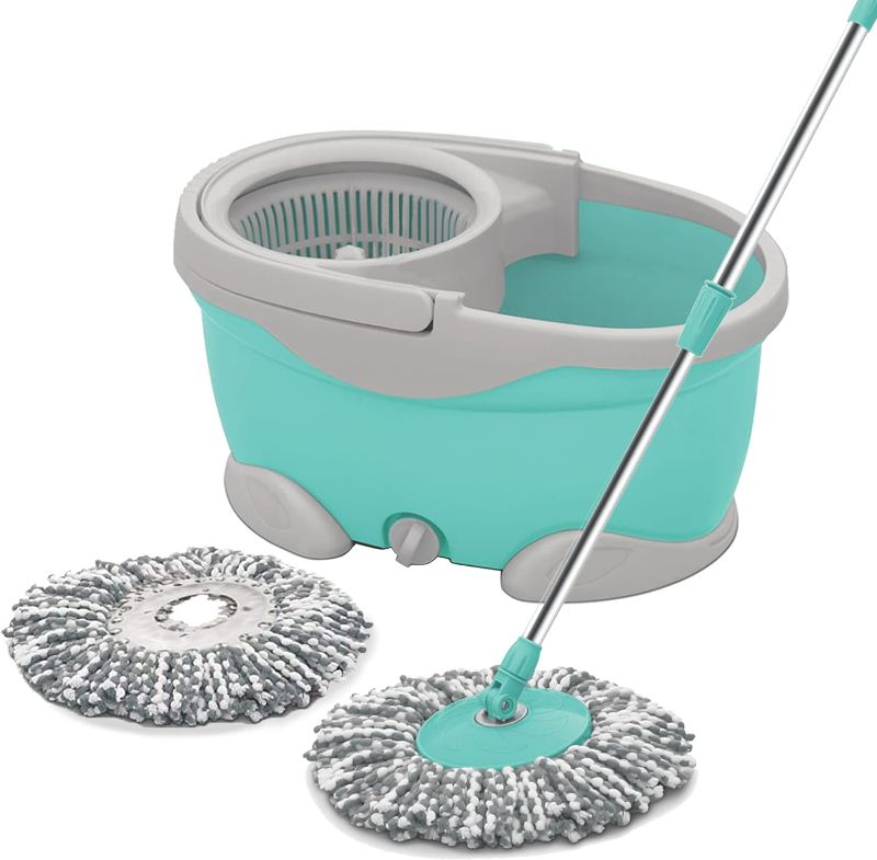 Photo 1 of Spotzero by Milton Maxx Spin Mop Bucket on Wheels, Extendable Handle | Wringer Set | 360 Spinning Mop Bucket Floor Cleaning & Mopping System with 2 Microfiber Refills, Aqua Green