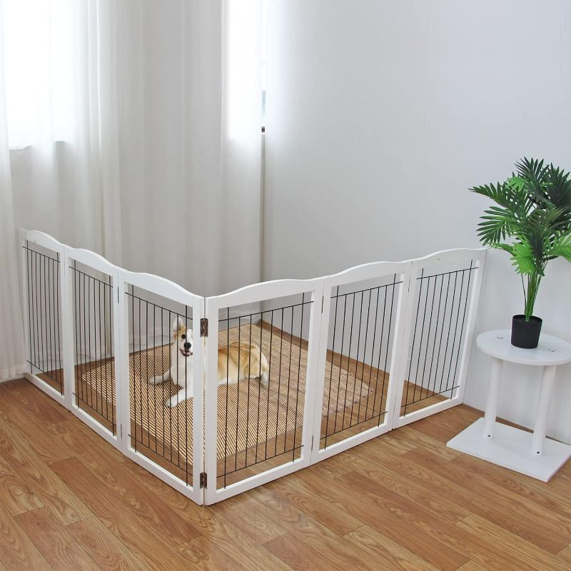 Photo 1 of Freestanding Foldable Dog Gate for House Extra Wide Wooden White Puppy Gate Stairs Dog Gates Doorways Tall Pet Gate 3 Panels Pet Fence
