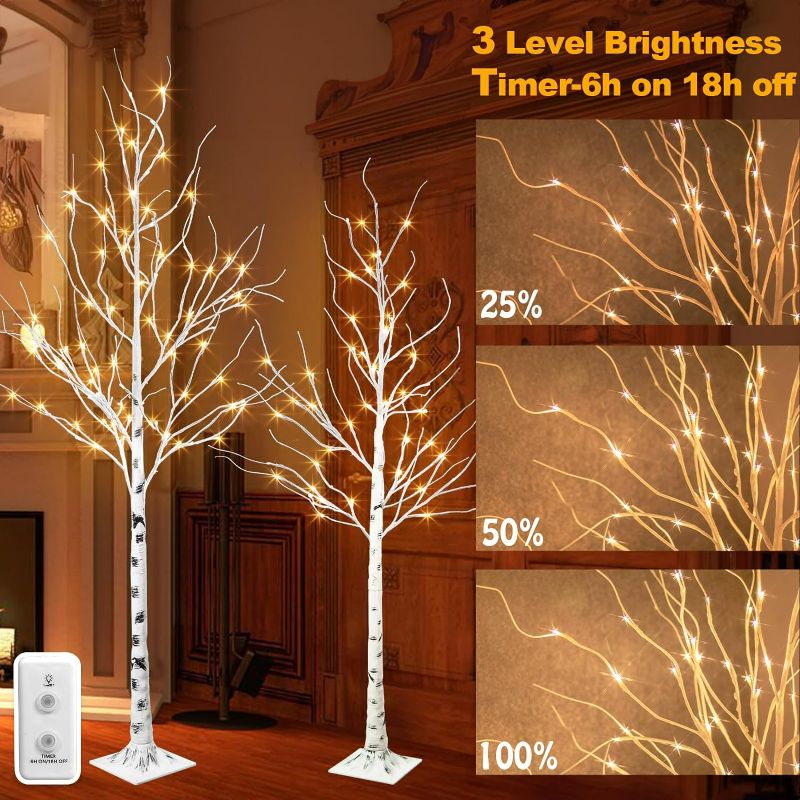 Photo 1 of EAMBRITE 5FT 6FT White Birch Tree Set Christmas Tree Decorations, Lighted Artificial Twig Trees Outdoor Indoor, Prelit Tree with Timer & Light Dimmer for Home Porch Xmas Decor (2 Pack, Warm White)