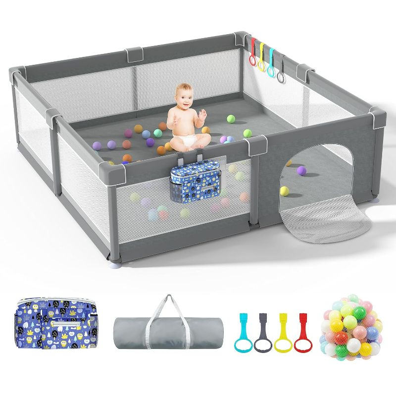 Photo 1 of LUTIKIANG Baby Playpen, 79" X 71" Extra Large Playpen for Babies and Toddlers with Gates, Baby Play Yards, Baby Fence Play Area, Safety Indoor Baby Play Area with Ocean Balls (Grey)