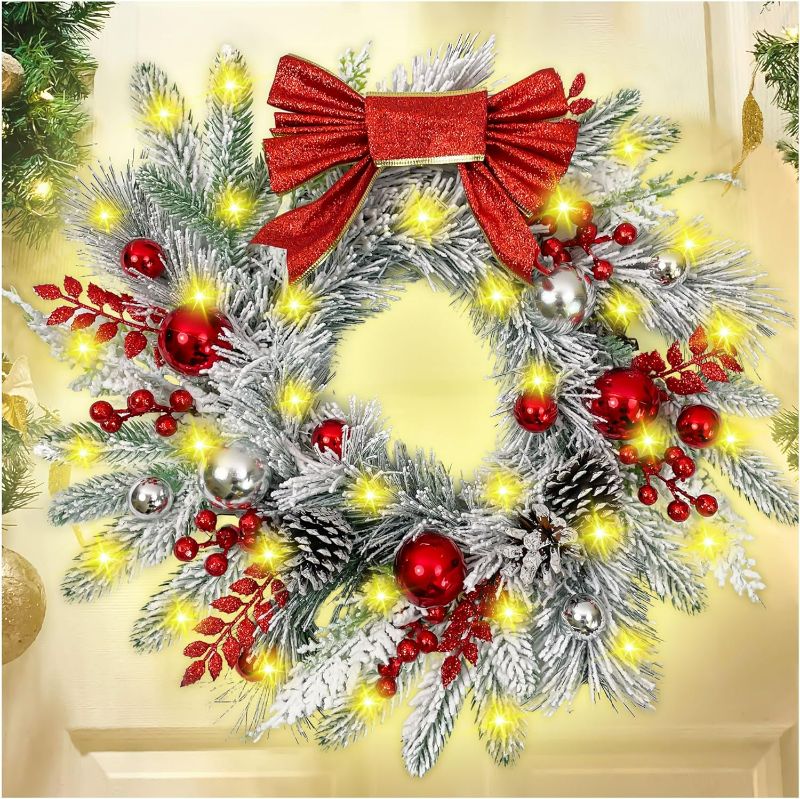 Photo 1 of 20in Christmas Wreath with Lights, Winter Wreath with Frosted Pinecones, Pine Needles, Berries, for Holiday Party Home Decorations