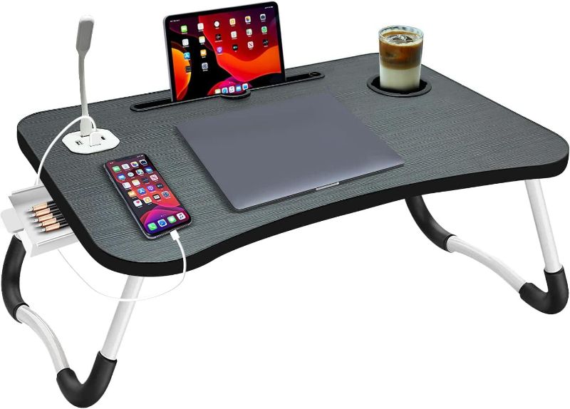 Photo 1 of Laptop Bed Table, Foldable Laptop Desk Bed Table Tray with USB Ports Storage Drawer, Portable Laptop Stand Folding Breakfast Tray Lap Desk for Bed for Eating, Reading and Working