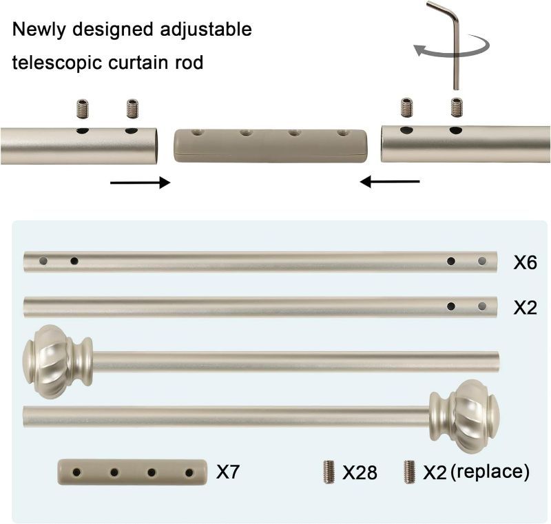 Photo 1 of H.VERSAILTEX Window Curtain Rods for Windows 86 to 120 Inches Splicing Adjustable 3/4 Inch Diameter Single Window Curtain Rod Set with Decorative Ribbed Knob Finials, Nickel