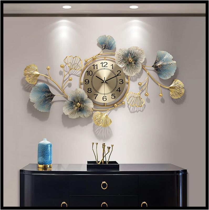 Photo 1 of Large Wall Clock Decor, Modern 3D Metal Ginkgo Leaf Design Wall Clocks Decorative Silent Non-Ticking for Living Room, Bedroom and Office, 62.2x35.4in