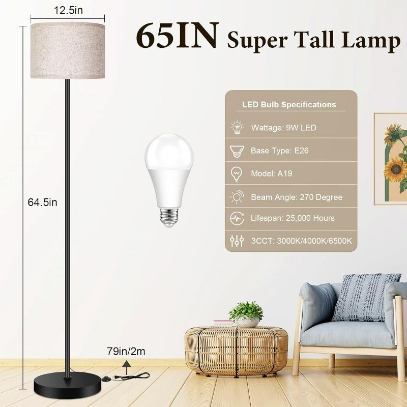 Photo 1 of TOBUSA Floor Lamp for Living Room Bedroom with 3CCT LED Bulb, Modern Standing Lamp Drum Shade, 65’’ Tall with Foot Switch Black Pole, Dimmable Simple Design Stand Up Lamp for Home Office Reading