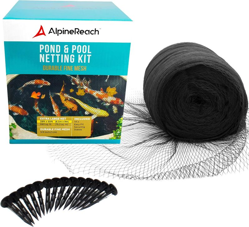Photo 1 of Koi Pond Netting Kit 28 x 30 ft Black Heavy Duty Woven Fine Mesh Net Cover for Leaves - Protects Koi Fish from Blue Heron Birds, Cats & Predators – Reusable & Stakes Included