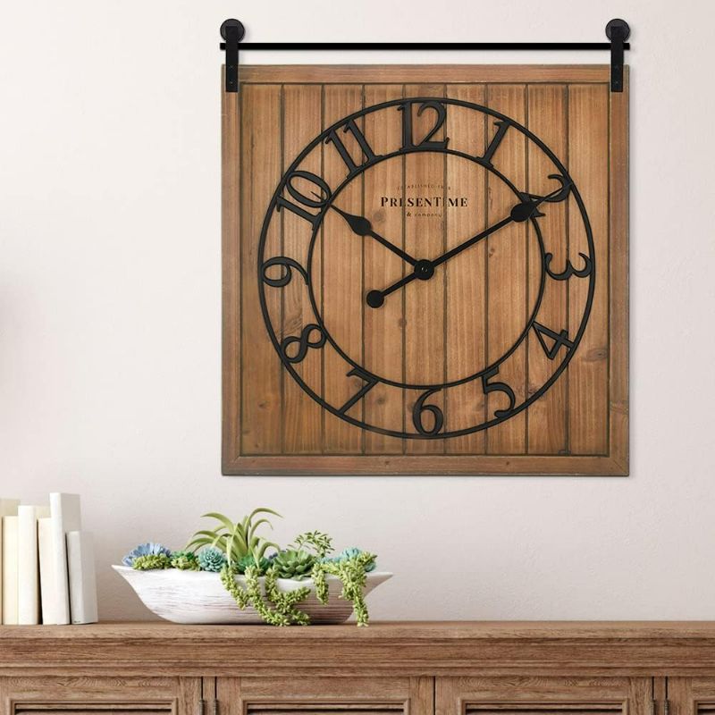 Photo 1 of Presentime & Co Farmhouse Barn Door Clock, Shiplap Style, Brown Wood Color, Silent No Ticking, 3D Arabic Numeral, 23" H x 21" W. Home Decoration/Wall Decoration/Farmhouse Décor