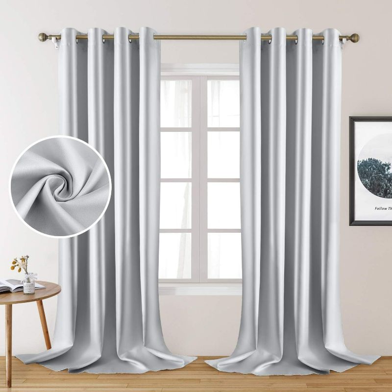 Photo 1 of HOMEIDEAS 2 Panels Greyish White Faux Silk Curtains White Blackout Curtains for Bedroom 52 X 108 Inch Room Darkening Satin Drapes/Curtains, Thermal Insulated Blackout Window Curtains for Living Room