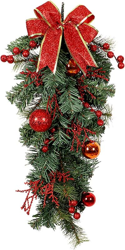 Photo 1 of Sempoda Artificial Christmas Teardrop Swag, 25.6in Christmas Wreath with Christmas Ball & Bow & Berries, Winter Door Swag Pine Garland for Home Party Wall Window Holiday Wedding Front Door Decor