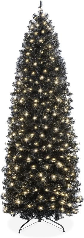 Photo 1 of Best Choice Products 9ft Pre-Lit Black Pencil Christmas Tree, Slim Artificial Skinny Holiday Tree for Home, Office, Party Decoration w/ 1,300 Tips, 500 Incandescent Lights, Metal Base