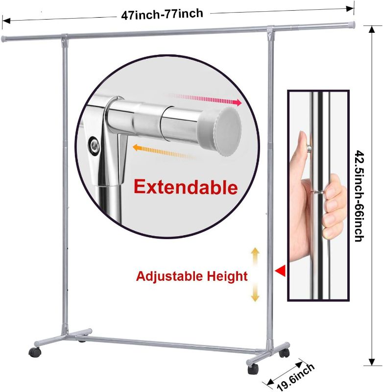 Photo 2 of RELIANCER Heavy Duty Large Garment Rack Stainless Steel Clothes Drying Rack Commercial Grade Extendable 47-77inch Clothes Rack Adjustable Clothe Hanger Rolling Rack with 4 Casters Tool Golves 10 Hook