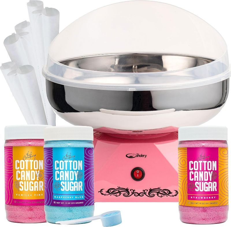 Photo 1 of The Candery Cotton Candy Machine with Stainless Steel Bowl 2.0 and Floss Bundle- Flossing Sugar Floss Candy for Birthday Parties Fairs - Includes 3 Floss Sugar Flavors 12oz Jars and 50 Paper Cones