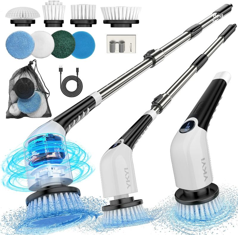 Photo 1 of Electric Spin Scrubber,Cordless Cleaning Brush,Shower Cleaning Brush with 8 Replaceable Brush Heads, Power Scrubber 3 Adjustable Speeds,Adjustable & Detachable Long Handle,Voice Broadcast