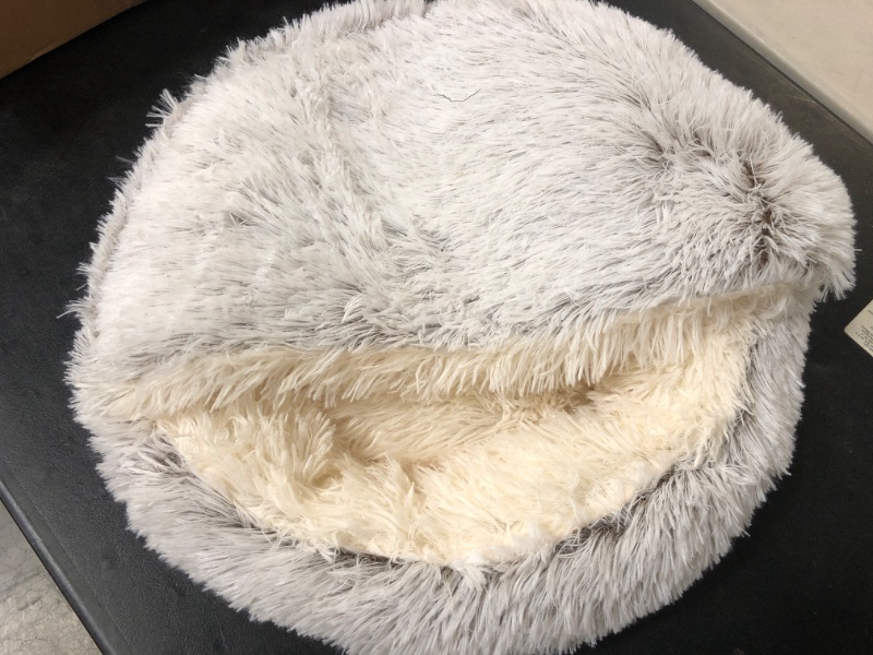 Photo 2 of Calming Dog Beds & Cat Cave Bed with Hooded Cover,Removable Washable Round Beds for Small Medium Pets,Anti-Slip Faux Fur Fluffy Coved Bed,Comfortable Warming Pet Bed (20 * 20inch, Grey)