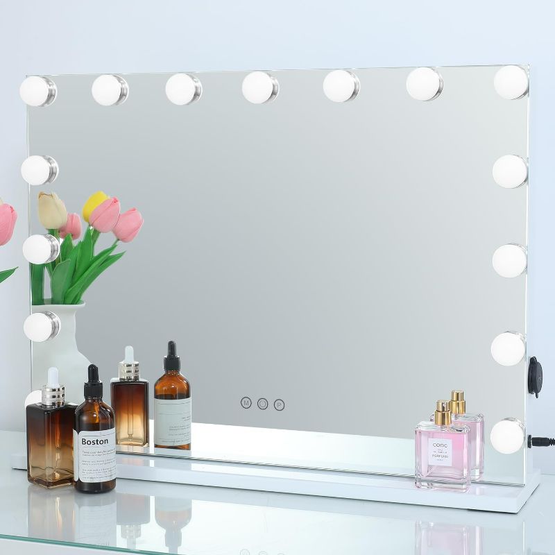 Photo 1 of Hollywood Vanity Makeup Mirror with Lights 15 DIMMABLE lED Bulbs 3 Color Lighting Modes Lighted Makeup Mirror with USB Port Make up Mirror with Touch Control Tabletop or Wall-Mounted White
