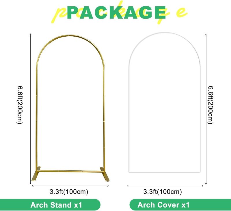 Photo 1 of Metal Arch Backdrop Stand and Cover Set, 6.6FT White Reusable Spandex Fitted Backdrop Cover and Gold Wedding Arch Frame for Baby Shower, Birthday, Parties Decoration.