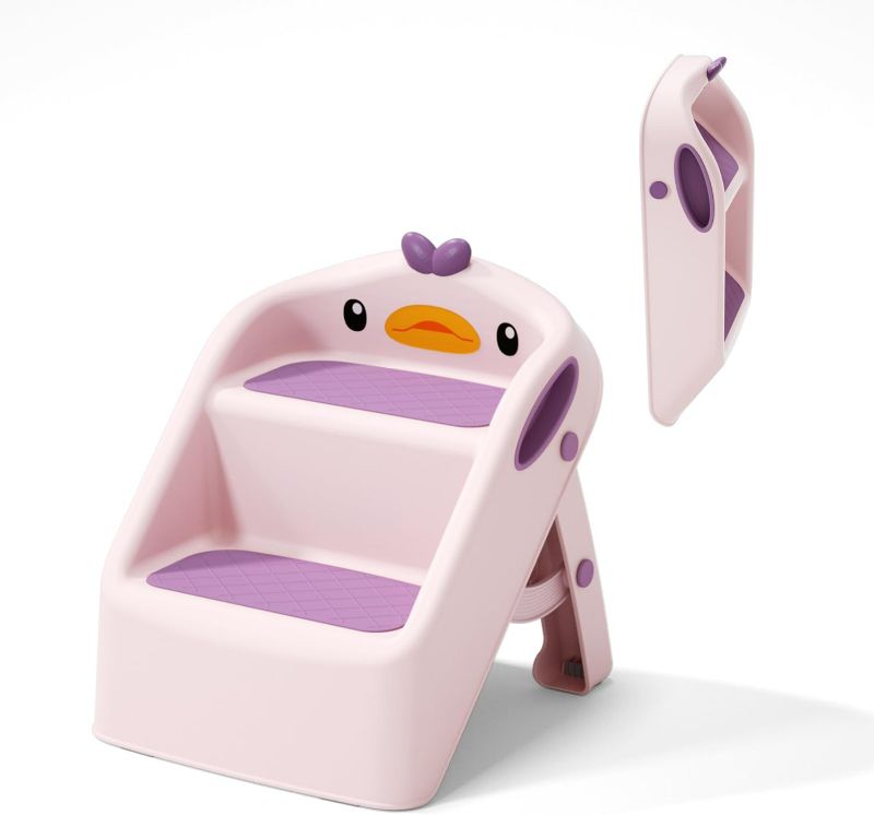 Photo 1 of Toddler Step Stool for Bathroom Sink Foldable, Pink, Two Step Stool for Kids Potty Toilet, Cute & Lightweight & Folding Gift to Give Steping Stool for Todders 1-3, 11" 2 Steps & 4" Child Back Support