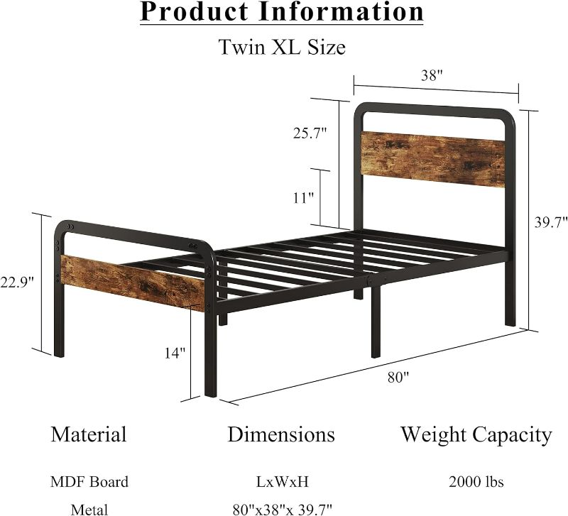 Photo 1 of Twin XL Bed Frame with Wood Headboard and Footboard, Platform Twin XL Bed Frames No Box Spring Needed with Heavy Duty Slats for Kids, Easy Assembly