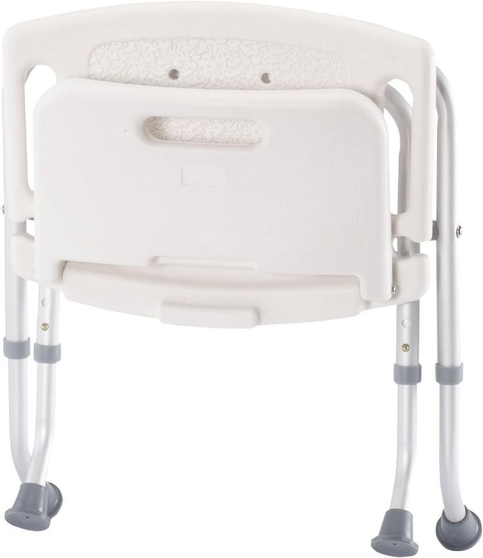 Photo 1 of Folding Bath Seat with Back Support, Portable Shower Bench, Rubber Tips, High-Density Polyethylene, White – Overall Bench Seat Measures 17 ½ Inches x 11 Inches, Supports Up to 300 Pounds
