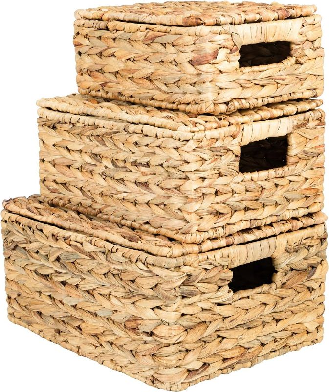 Photo 1 of Wicker Storage Baskets with Lid, Hand-Woven Rectangular Wicker Basket with Lid for Bedroom & Living Room, Nesting Rattan Basket with Lid for Shelves (Water Hyacinth, 3-Pack)