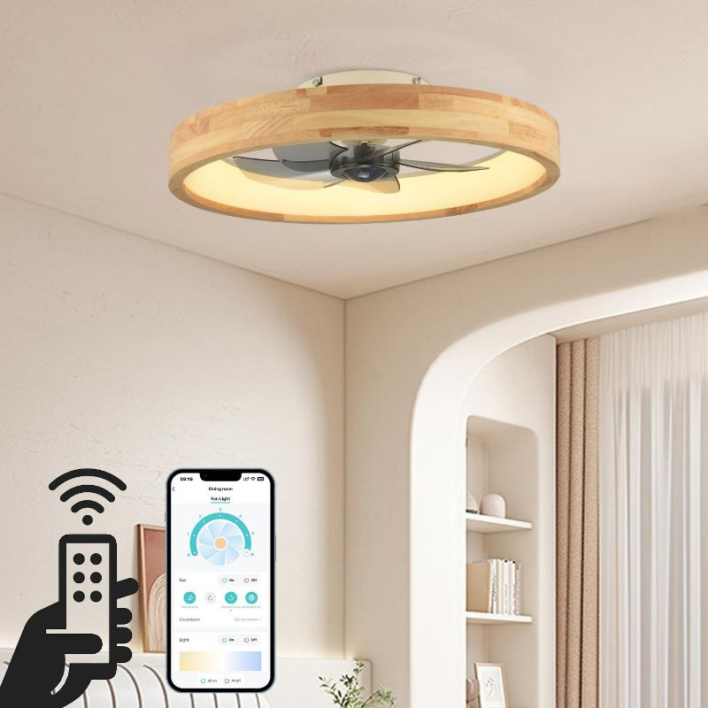 Photo 1 of 20” Ceiling Fan with Light, Dimmable LED Timing with Remote Control, 5 Invisible Reversible Blades Semi Flush Mount Low Profile Fan, Wood