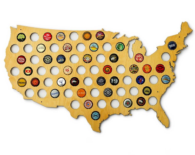 Photo 1 of USA Beer Cap Map - Skyline Workshop - beautiful maple wood - Beer Cap Holder - Made in the USA! - great Father's Day Gift!