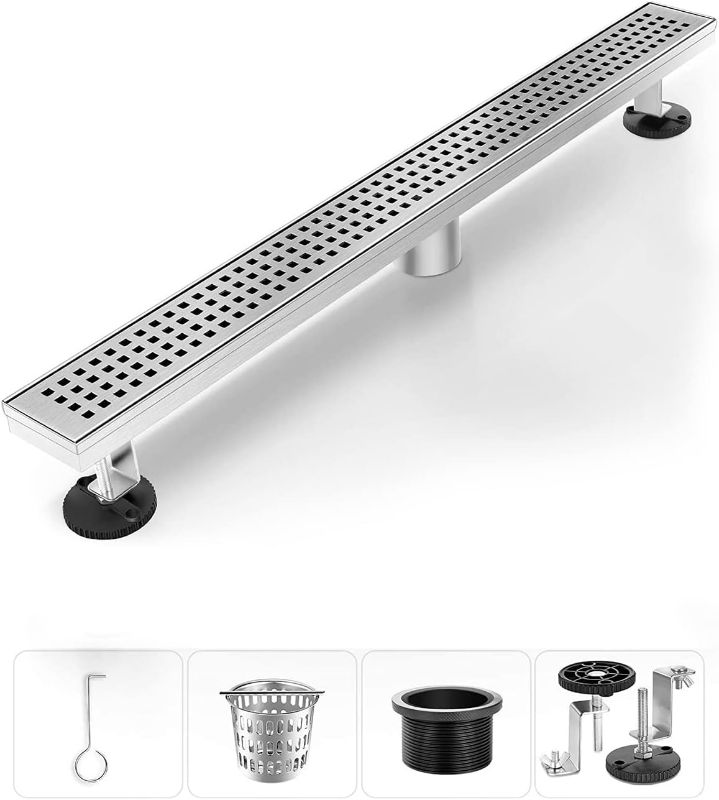 Photo 1 of Shower Drain, Linear Shower Drain 24 Inch(Brushed Nickel),Modern 304 Stainless Steel Shower Floor Drain with Grate Removable, Adjustable Leveling Feet, Rectangular Shower Drain