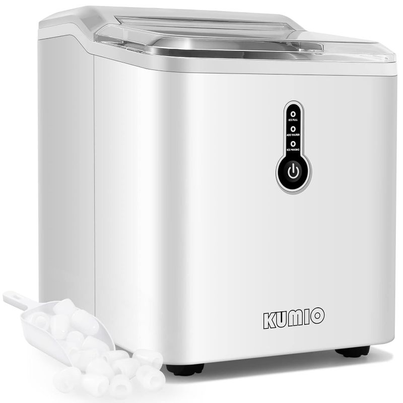 Photo 1 of KUMIO Countertop Ice Maker, 9 Thick Bullet-Shaped Ice Ready in 6-9 Mins, 26.5 Lbs in 24Hrs, Portable Ice Maker Machine with Ice Scoop and Basket for Home/Kitchen/Party, White