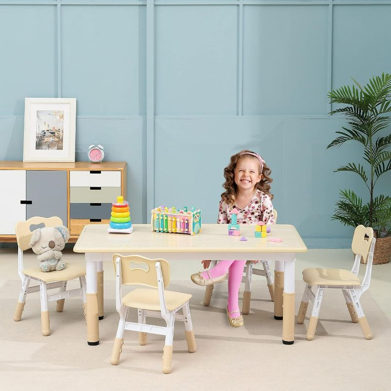 Photo 2 of Toddler Table and Chair Set, Graffiti Desktop, Height-Adjustable Toddler Desk with 4 Seats, Kids Table and Chair Set for Girl & Boy Age 2-10, Scrub-Table Desktop Kids Study Table