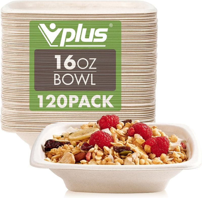 Photo 1 of  120 Pack 16 OZ Paper Bowls, Square Disposable Compostable Bowls Bulk, Eco-friendly Bagasse Bowls, Heavy-duty Bowls Perfect for Milk Cereals, Snacks, Salads